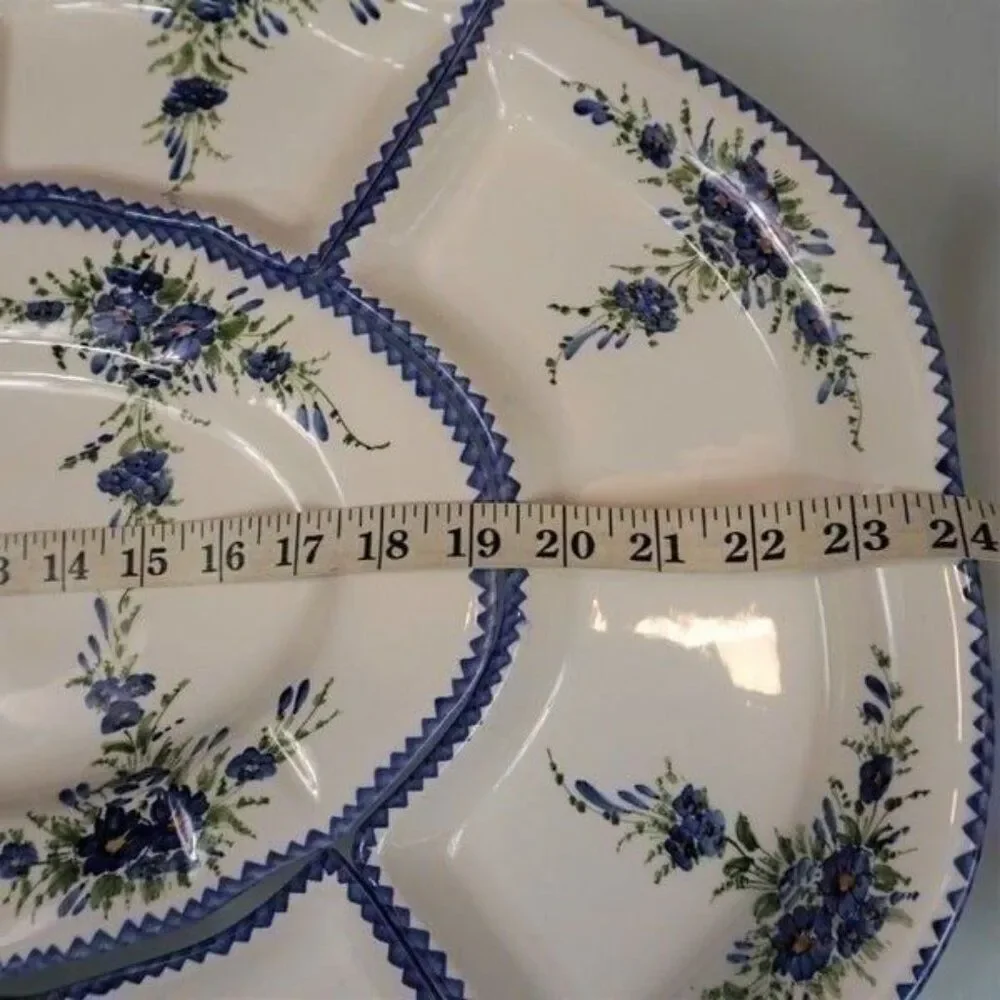Vintage Tidbit Tray 7 Pc XL Dish Set White Blue Flowers Hand Painted Greece